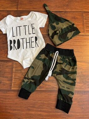 ⭐️⭐️ PICK 5 / $20 "Little Brother" White Bodysuit with Camo Pants & Hat Set 70